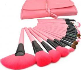 New 24 Pcs/Set Makeup Brush Cosmetic Set Kit Packed In High Quality Leather Case - Pink